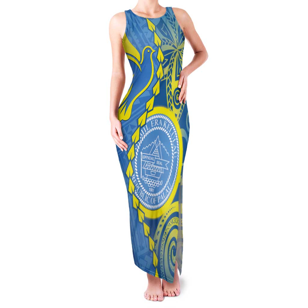 Personalised Palau Independence Day Tank Maxi Dress Belau Coat Of Arms Polynesian Curve Style LT14 Women Blue - Polynesian Pride