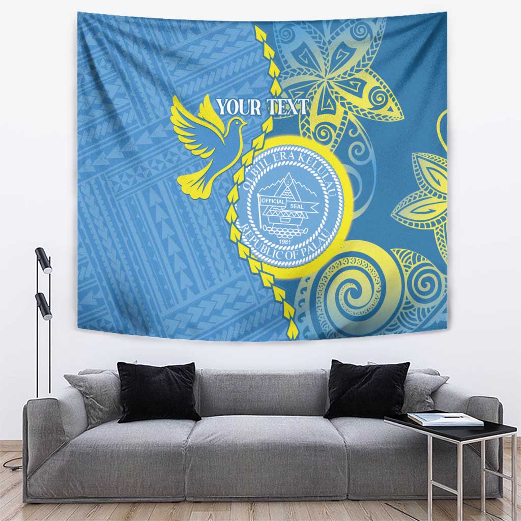Personalised Palau Independence Day Tapestry Belau Coat Of Arms Polynesian Curve Style LT14 Blue - Polynesian Pride