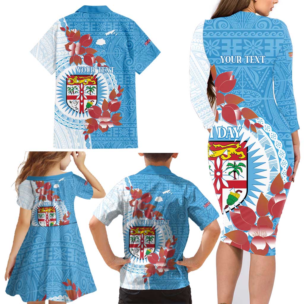 Personalised Fiji Day Family Matching Long Sleeve Bodycon Dress and Hawaiian Shirt Fijian Tapa Pattern Mix Tagimoucia - Blue Version