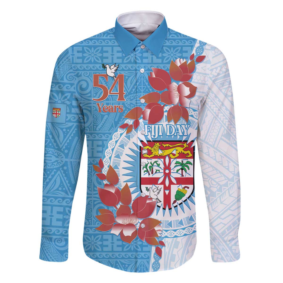 Personalised Fiji Day Family Matching Off The Shoulder Long Sleeve Dress and Hawaiian Shirt Fijian Tapa Pattern Mix Tagimoucia - Blue Version