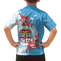 Personalised Fiji Day Family Matching Short Sleeve Bodycon Dress and Hawaiian Shirt Fijian Tapa Pattern Mix Tagimoucia - Blue Version