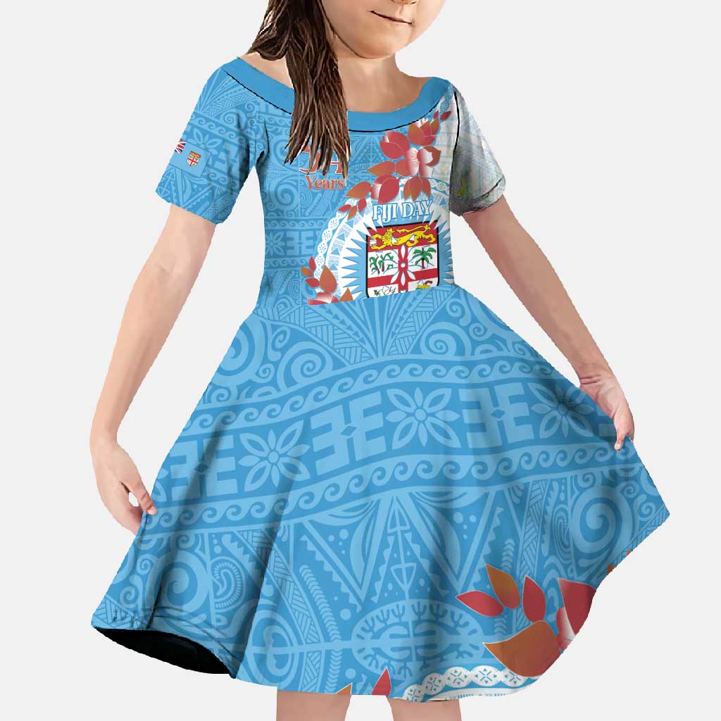 Personalised Fiji Day Family Matching Tank Maxi Dress and Hawaiian Shirt Fijian Tapa Pattern Mix Tagimoucia - Blue Version LT14 Daughter's Dress Blue - Polynesian Pride