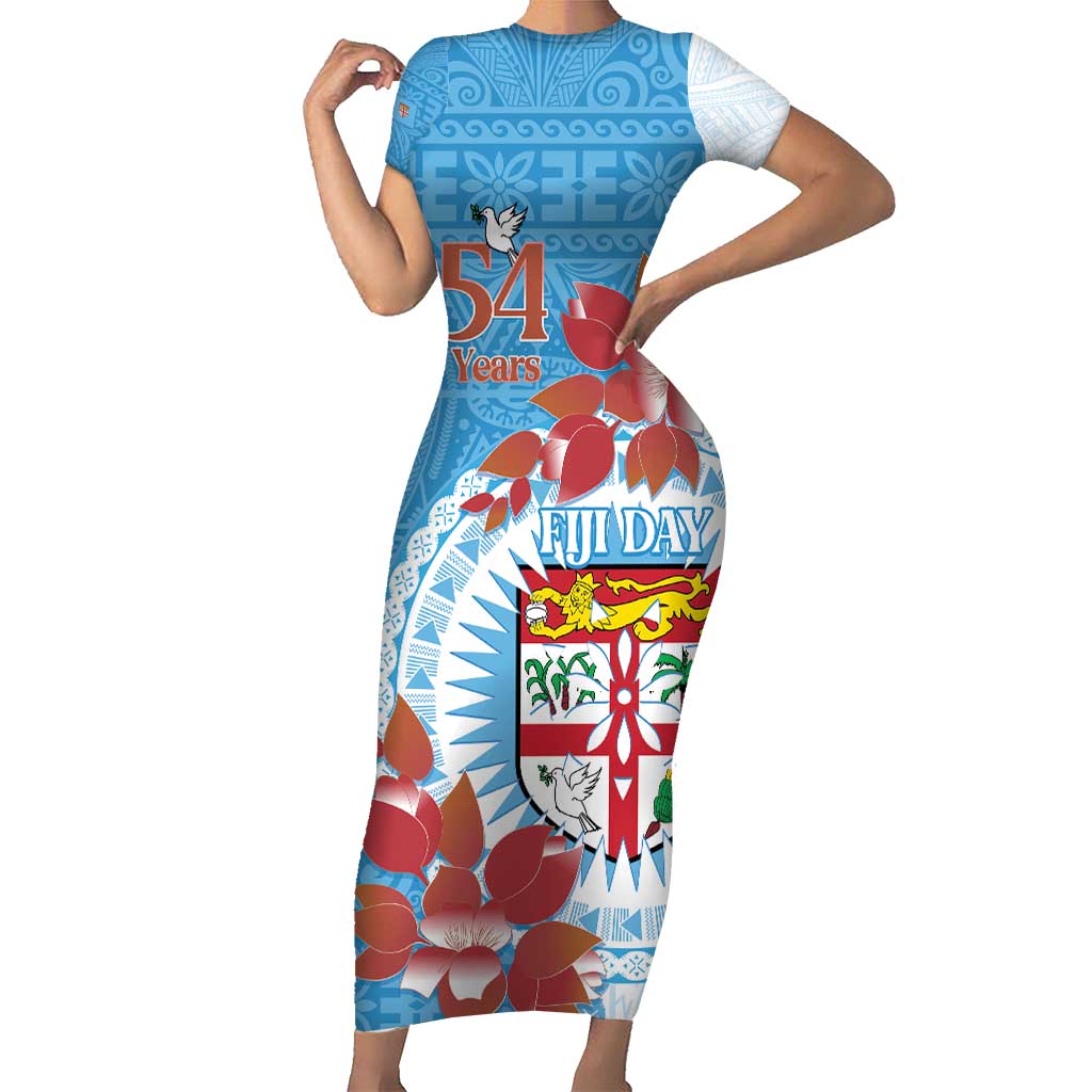 Personalised Fiji Day Short Sleeve Bodycon Dress Fijian Tapa Pattern Mix Tagimoucia - Blue Version LT14 Long Dress Blue - Polynesian Pride