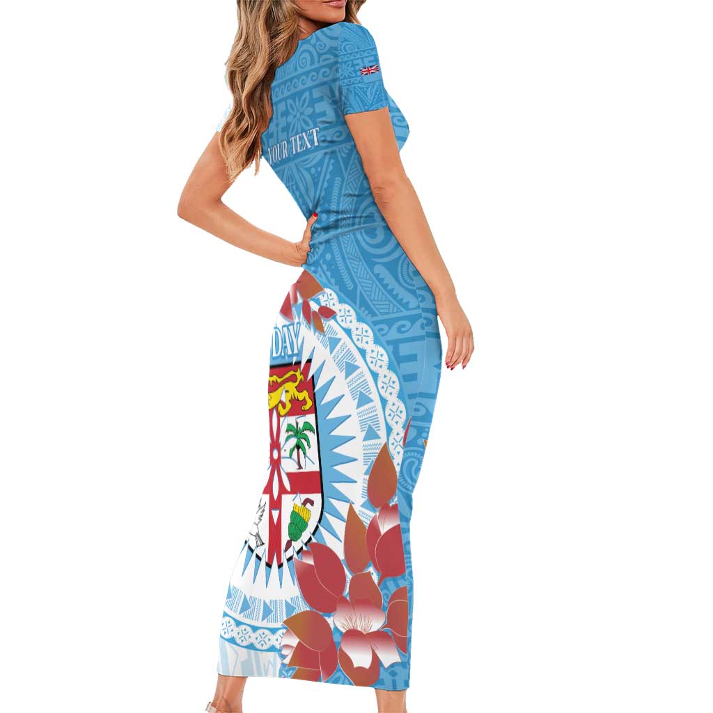 Personalised Fiji Day Short Sleeve Bodycon Dress Fijian Tapa Pattern Mix Tagimoucia - Blue Version LT14 - Polynesian Pride