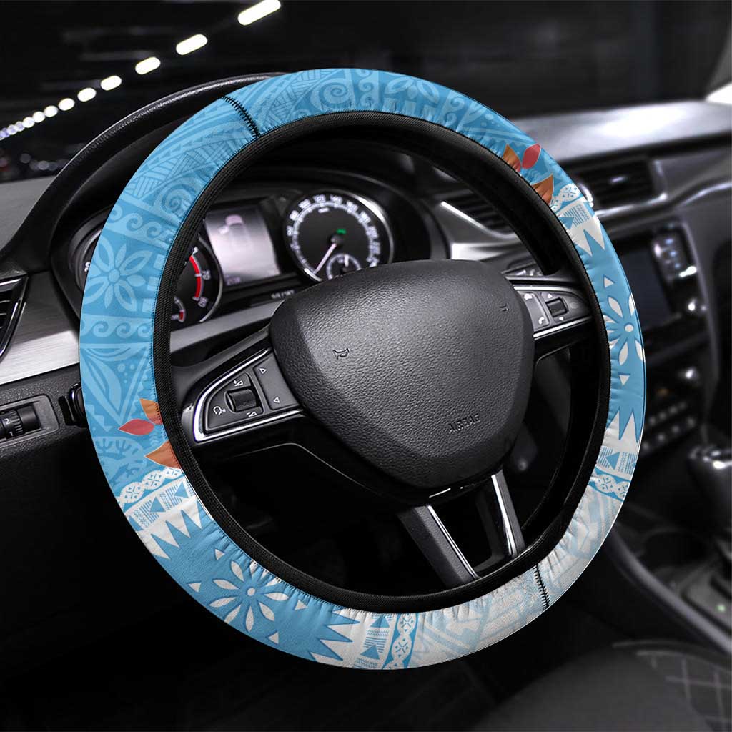Fiji Day Steering Wheel Cover Fijian Tapa Pattern Mix Tagimoucia - Blue Version LT14 Universal Fit Blue - Polynesian Pride
