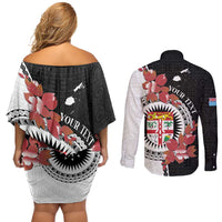 Personalised Fiji Day Couples Matching Off Shoulder Short Dress and Long Sleeve Button Shirt Fijian Tapa Pattern Mix Tagimoucia - Black Version