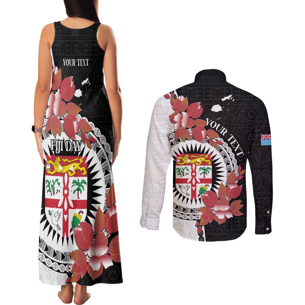 Personalised Fiji Day Couples Matching Tank Maxi Dress and Long Sleeve Button Shirt Fijian Tapa Pattern Mix Tagimoucia - Black Version