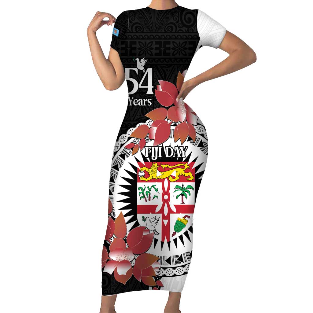 Personalised Fiji Day Short Sleeve Bodycon Dress Fijian Tapa Pattern Mix Tagimoucia - Black Version LT14 Long Dress Black - Polynesian Pride