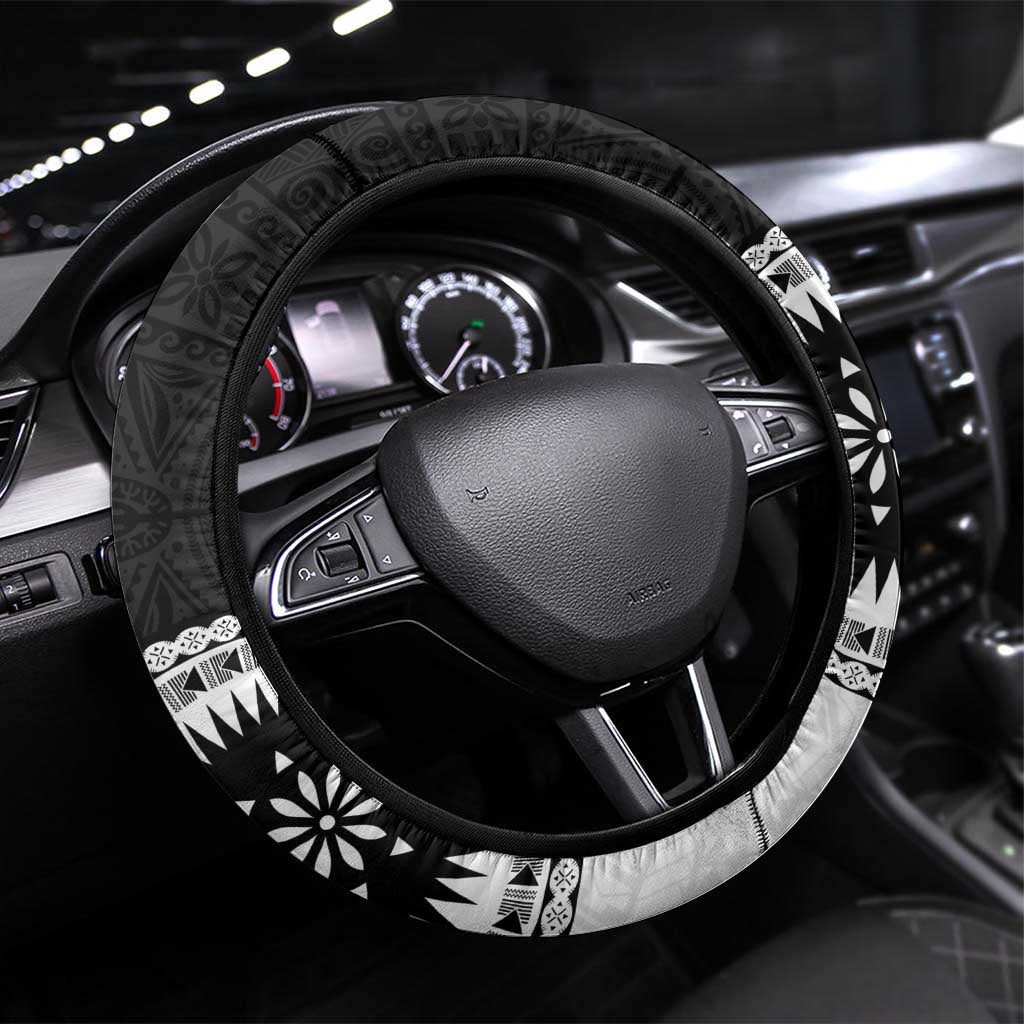 Fiji Day Steering Wheel Cover Fijian Tapa Pattern Mix Tagimoucia - Black Version LT14 Universal Fit Black - Polynesian Pride