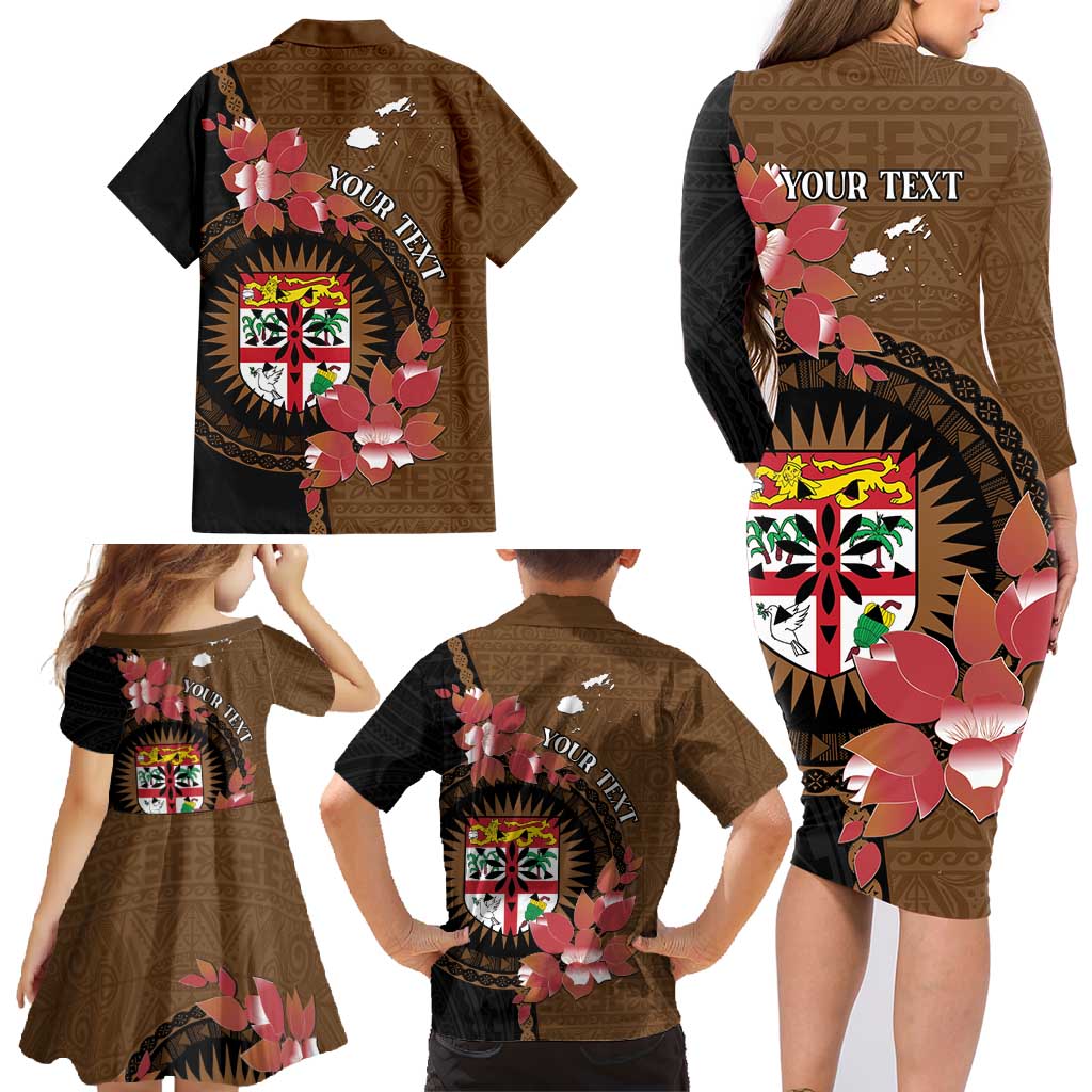Personalised Fiji Day Family Matching Long Sleeve Bodycon Dress and Hawaiian Shirt Fijian Tapa Pattern Mix Tagimoucia - Brown Version