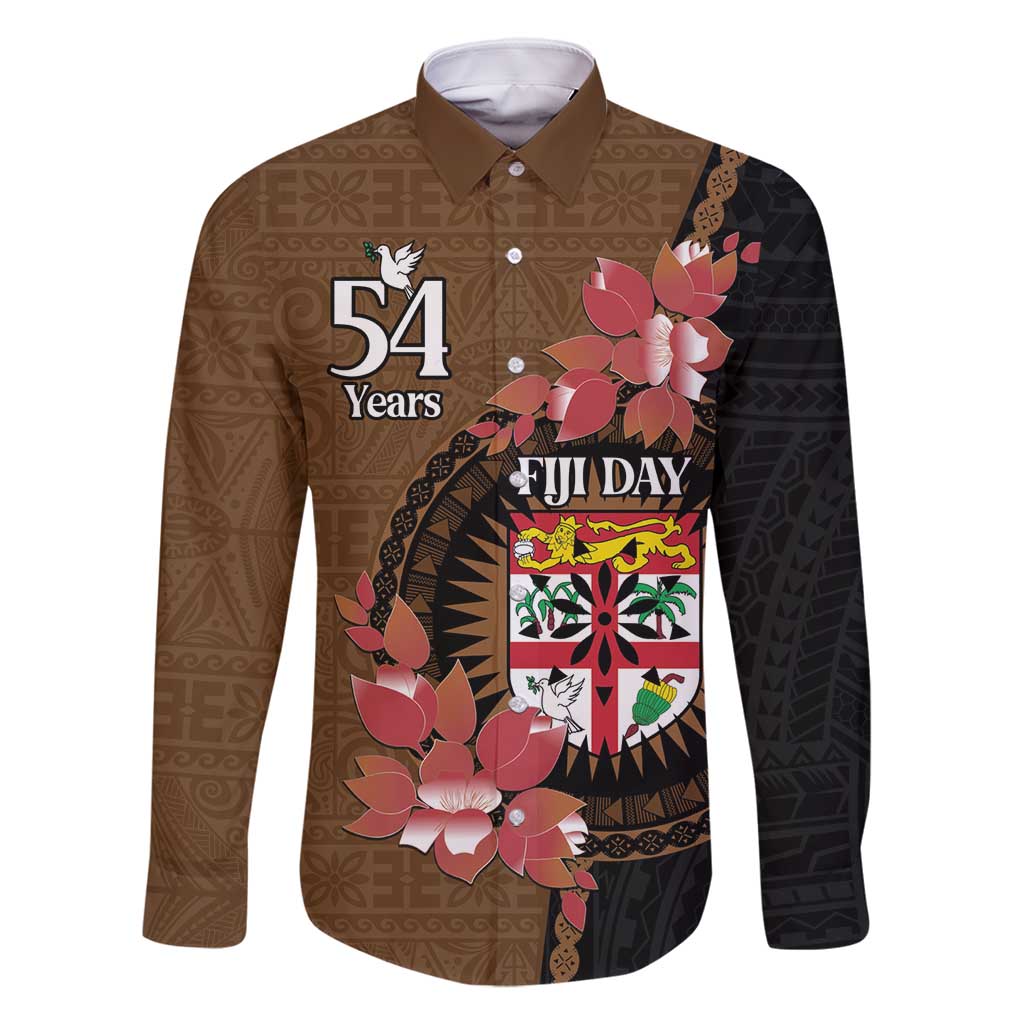 Personalised Fiji Day Family Matching Long Sleeve Bodycon Dress and Hawaiian Shirt Fijian Tapa Pattern Mix Tagimoucia - Brown Version