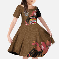 Personalised Fiji Day Family Matching Tank Maxi Dress and Hawaiian Shirt Fijian Tapa Pattern Mix Tagimoucia - Brown Version LT14 Daughter's Dress Brown - Polynesian Pride