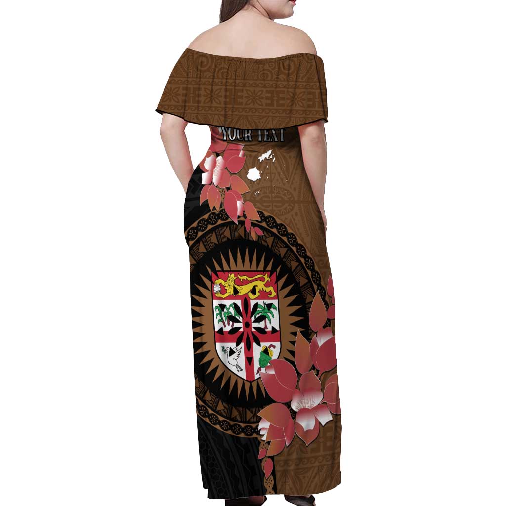 Personalised Fiji Day Off Shoulder Maxi Dress Fijian Tapa Pattern Mix Tagimoucia - Brown Version