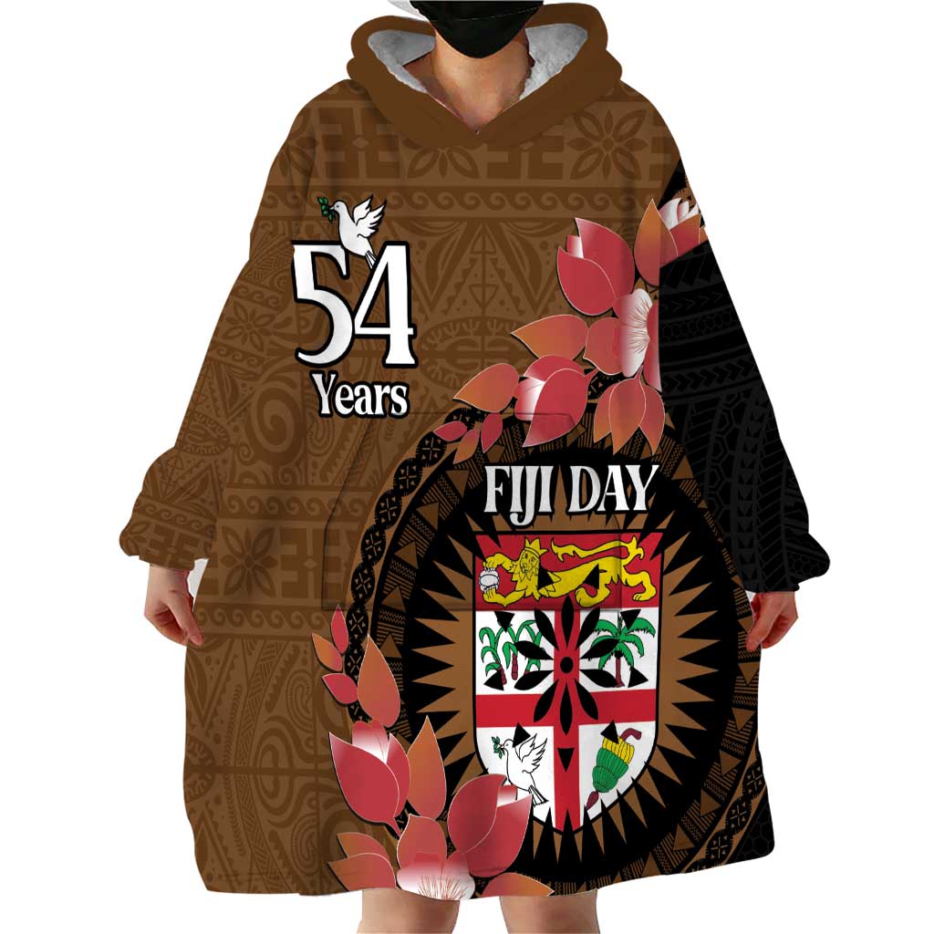 Personalised Fiji Day Wearable Blanket Hoodie Fijian Tapa Pattern Mix Tagimoucia - Brown Version