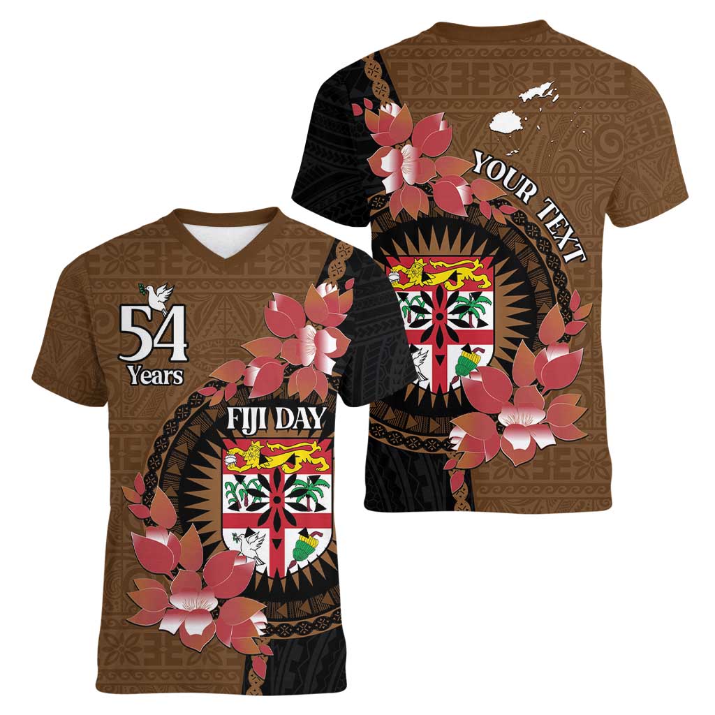 Personalised Fiji Day Women V-Neck T-Shirt Fijian Tapa Pattern Mix Tagimoucia - Brown Version