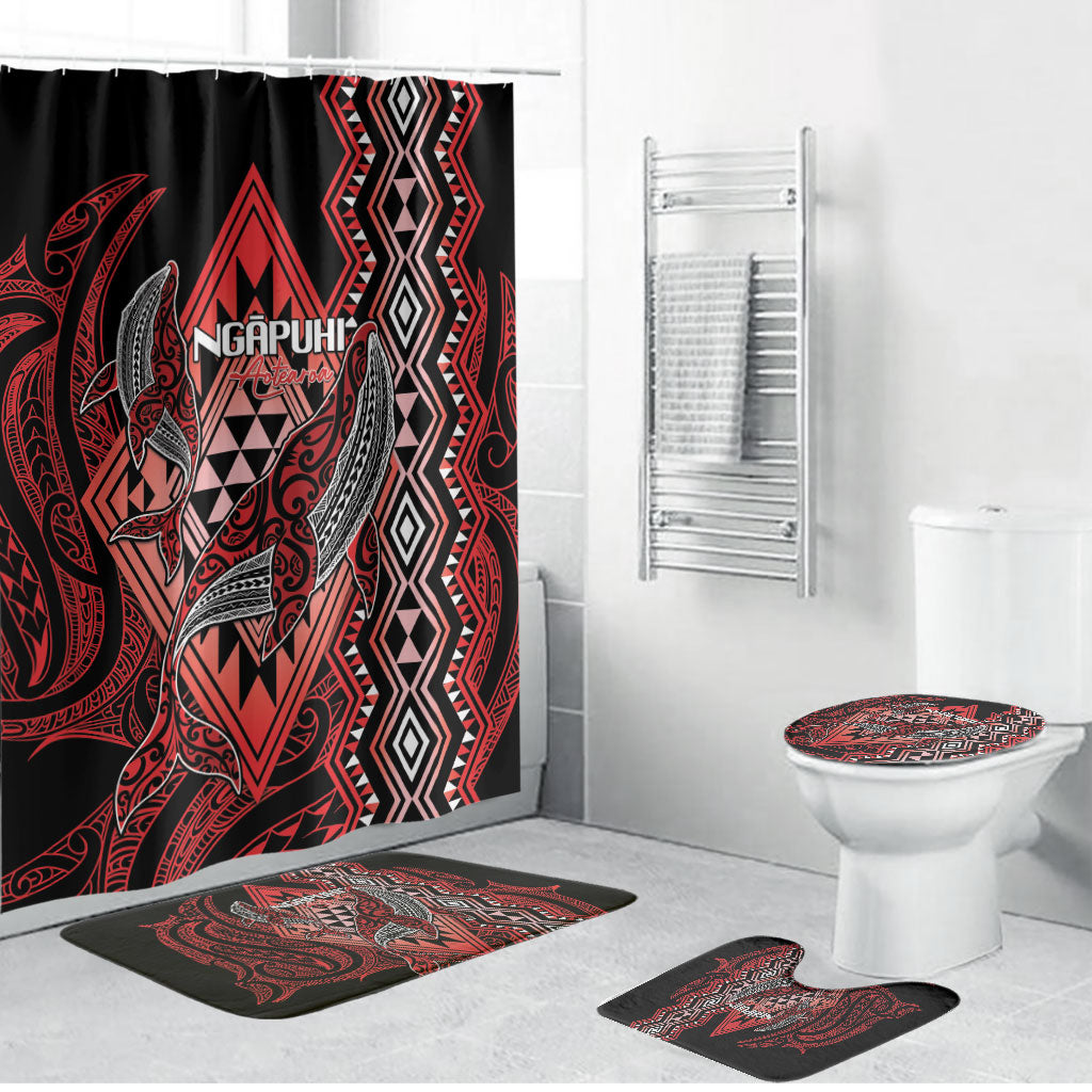 Aotearoa Iwi Ngapuhi Bathroom Set NZ Maori Humpback Whale Taniko Motifs LT14 Bathroom Set (4 pcs) Red - Polynesian Pride