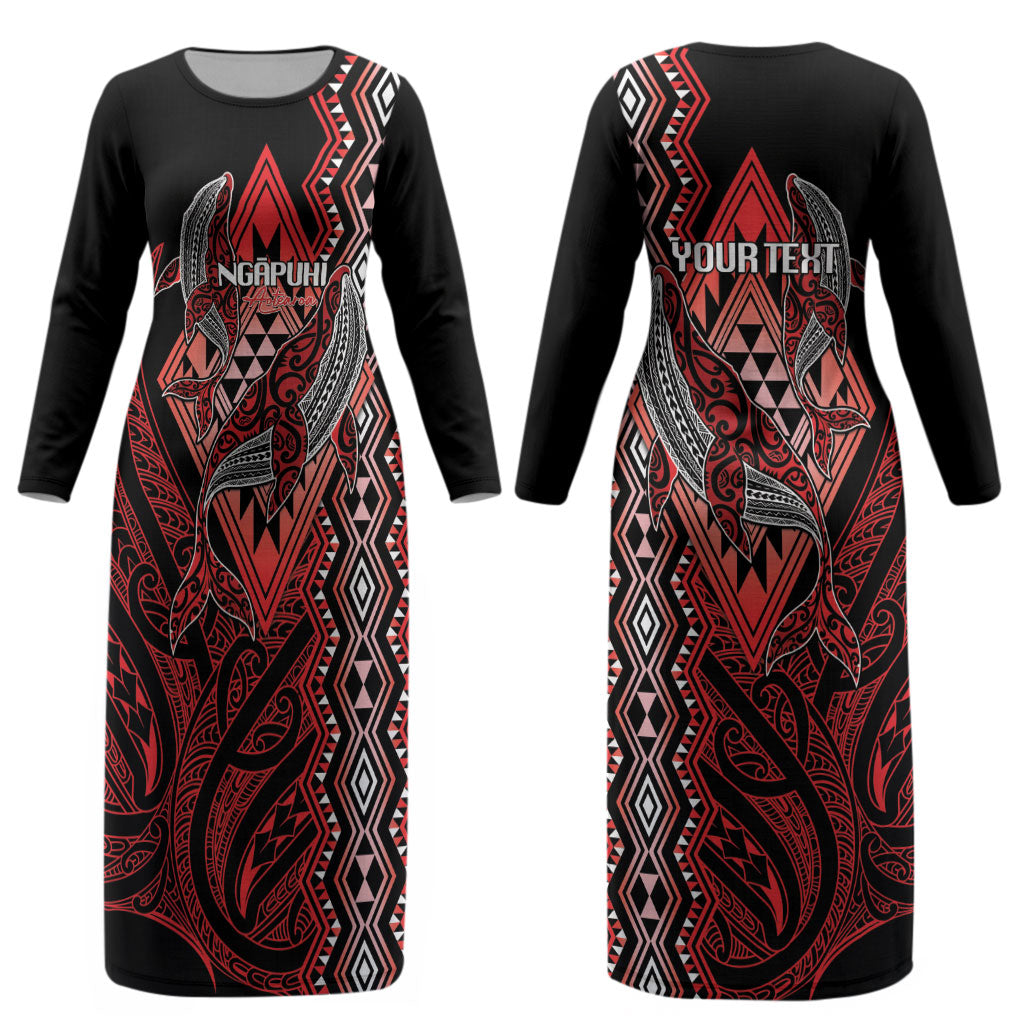 Aotearoa Iwi Ngapuhi Personalised Couples Matching Long Sleeve Bodycon Dress and Hawaiian Shirt NZ Maori Humpback Whale Taniko Motifs
