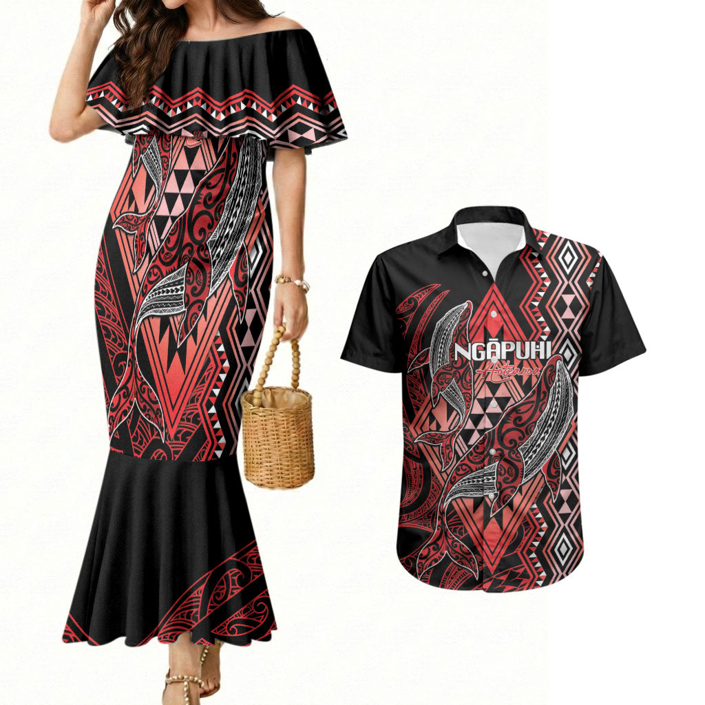 Aotearoa Iwi Ngapuhi Personalised Couples Matching Mermaid Dress and Hawaiian Shirt NZ Maori Humpback Whale Taniko Motifs LT14 Red - Polynesian Pride