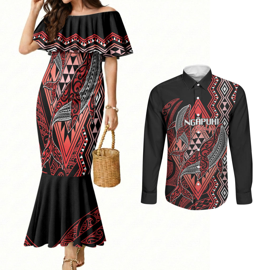 Aotearoa Iwi Ngapuhi Personalised Couples Matching Mermaid Dress and Long Sleeve Button Shirt NZ Maori Humpback Whale Taniko Motifs LT14 Red - Polynesian Pride