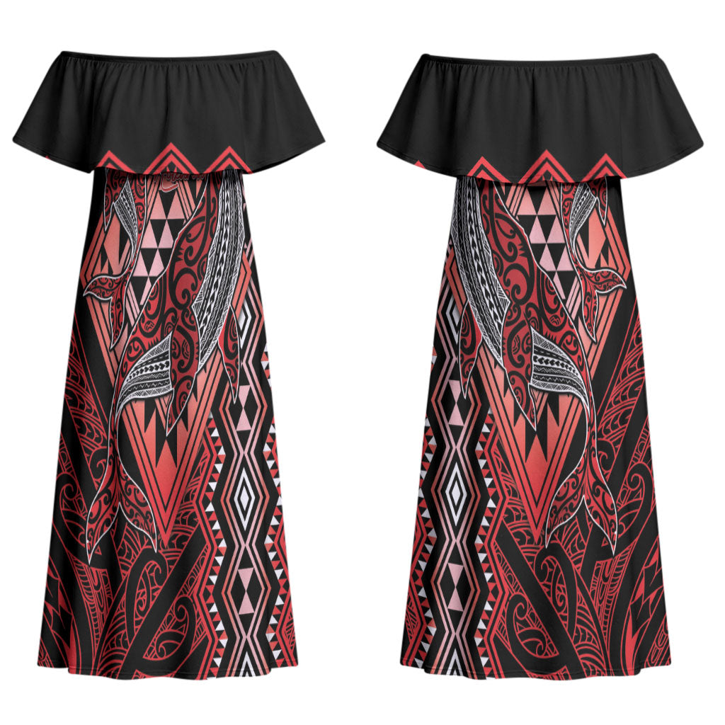 Aotearoa Iwi Ngapuhi Personalised Couples Matching Off Shoulder Maxi Dress and Hawaiian Shirt NZ Maori Humpback Whale Taniko Motifs