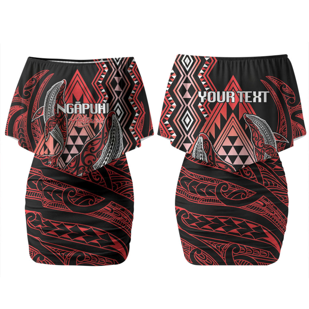 Aotearoa Iwi Ngapuhi Personalised Couples Matching Off Shoulder Short Dress and Hawaiian Shirt NZ Maori Humpback Whale Taniko Motifs