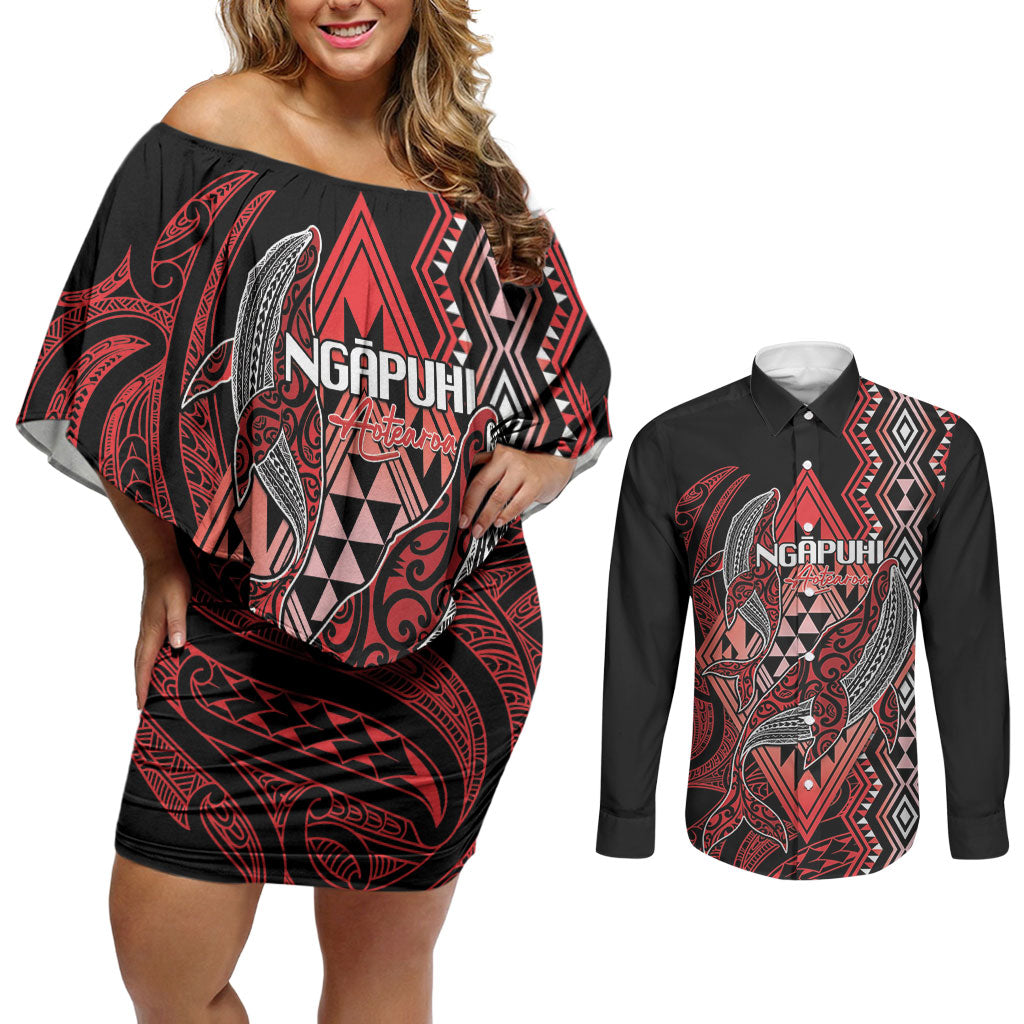 Aotearoa Iwi Ngapuhi Personalised Couples Matching Off Shoulder Short Dress and Long Sleeve Button Shirt NZ Maori Humpback Whale Taniko Motifs LT14 Red - Polynesian Pride