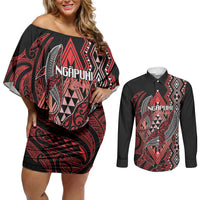 Aotearoa Iwi Ngapuhi Personalised Couples Matching Off Shoulder Short Dress and Long Sleeve Button Shirt NZ Maori Humpback Whale Taniko Motifs