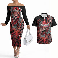 Aotearoa Iwi Ngapuhi Personalised Couples Matching Off The Shoulder Long Sleeve Dress and Hawaiian Shirt NZ Maori Humpback Whale Taniko Motifs