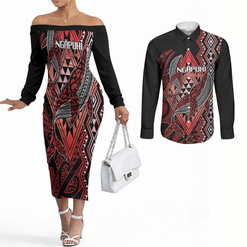 Aotearoa Iwi Ngapuhi Personalised Couples Matching Off The Shoulder Long Sleeve Dress and Long Sleeve Button Shirt NZ Maori Humpback Whale Taniko Motifs LT14 Red - Polynesian Pride