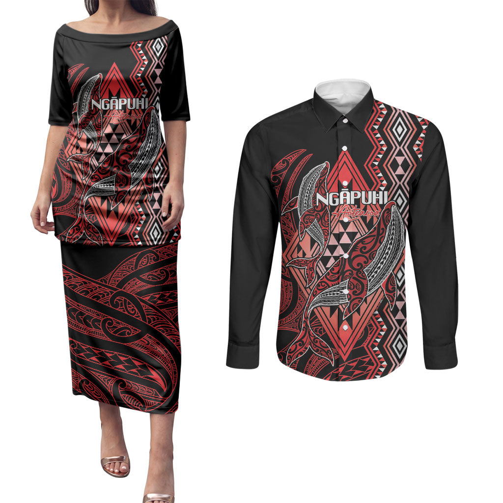 Aotearoa Iwi Ngapuhi Personalised Couples Matching Puletasi and Long Sleeve Button Shirt NZ Maori Humpback Whale Taniko Motifs