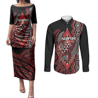 Aotearoa Iwi Ngapuhi Personalised Couples Matching Puletasi and Long Sleeve Button Shirt NZ Maori Humpback Whale Taniko Motifs