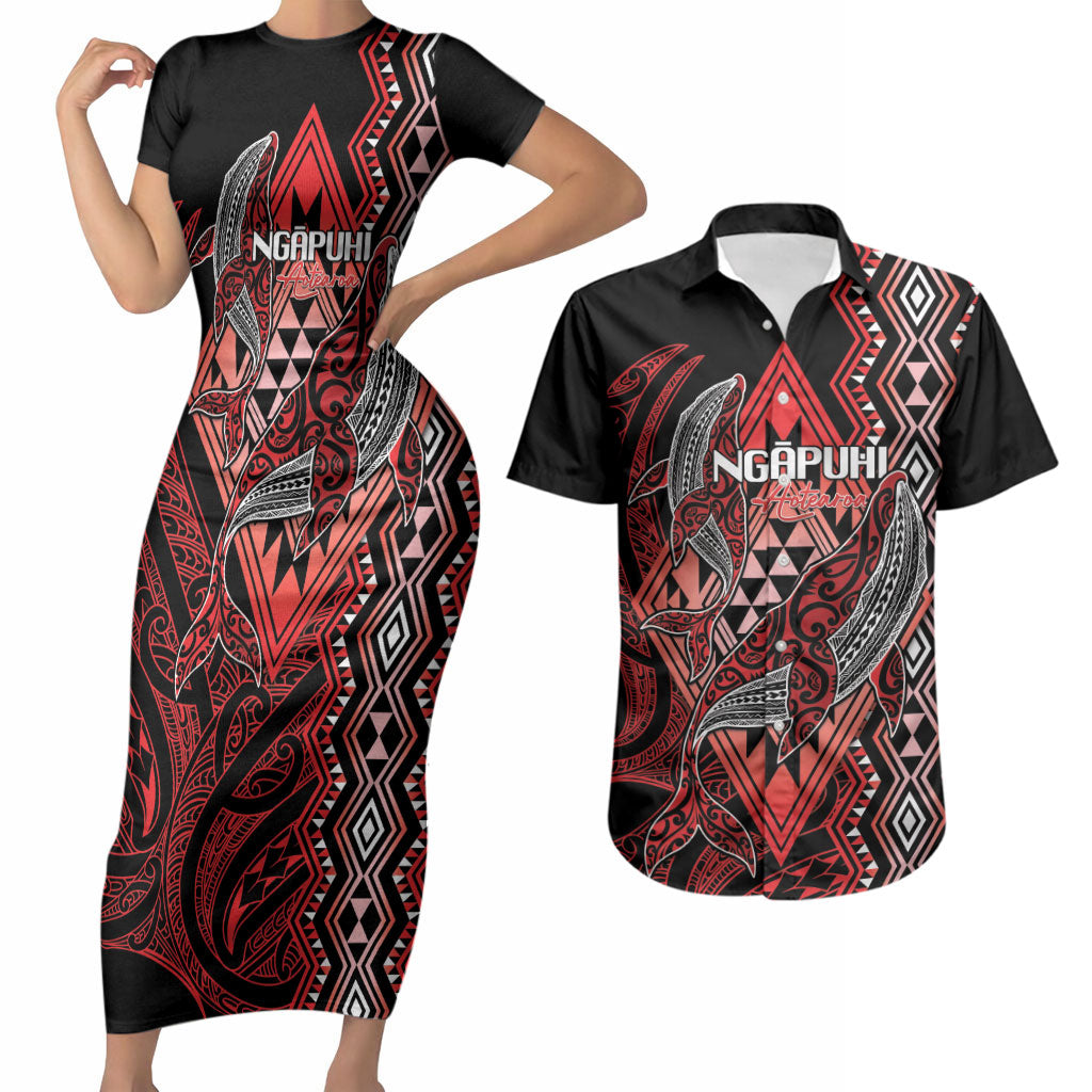 Aotearoa Iwi Ngapuhi Personalised Couples Matching Short Sleeve Bodycon Dress and Hawaiian Shirt NZ Maori Humpback Whale Taniko Motifs