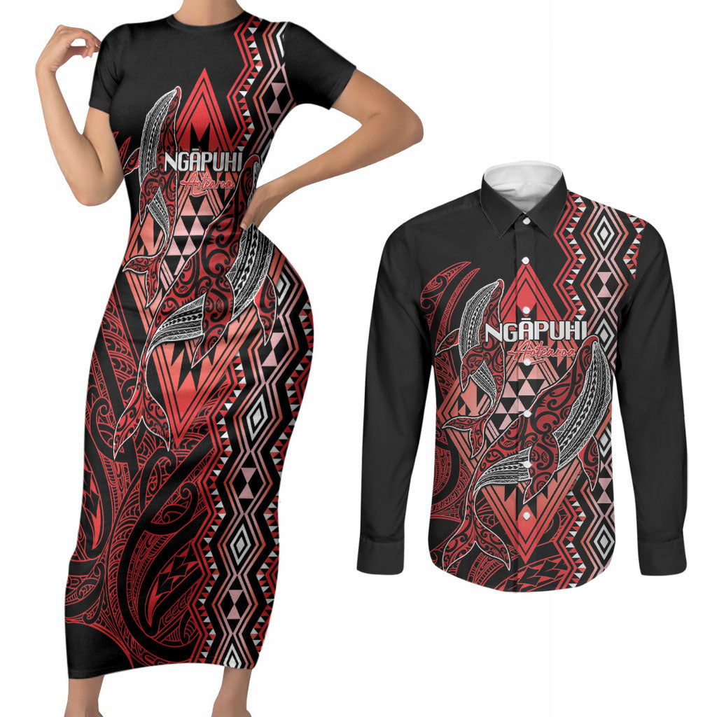 Aotearoa Iwi Ngapuhi Personalised Couples Matching Short Sleeve Bodycon Dress and Long Sleeve Button Shirt NZ Maori Humpback Whale Taniko Motifs LT14 Red - Polynesian Pride