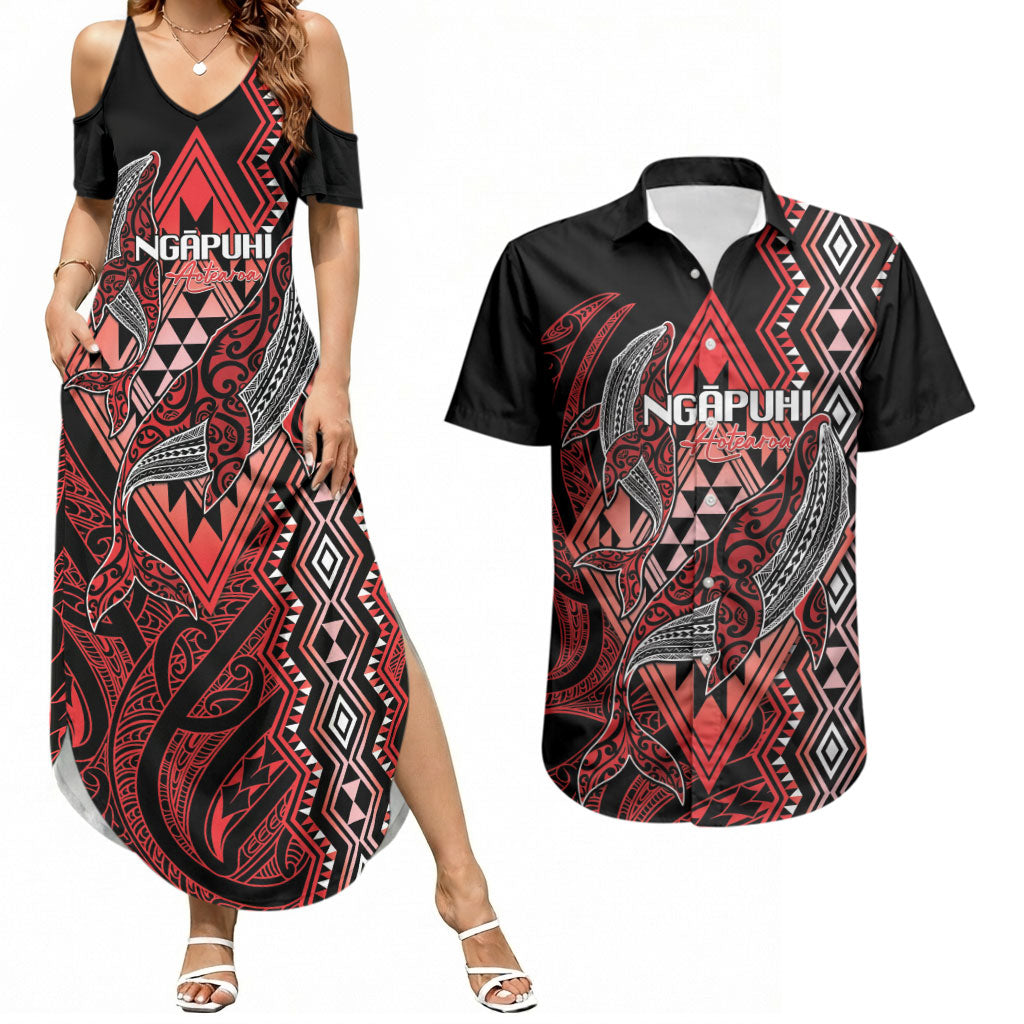 Aotearoa Iwi Ngapuhi Personalised Couples Matching Summer Maxi Dress and Hawaiian Shirt NZ Maori Humpback Whale Taniko Motifs