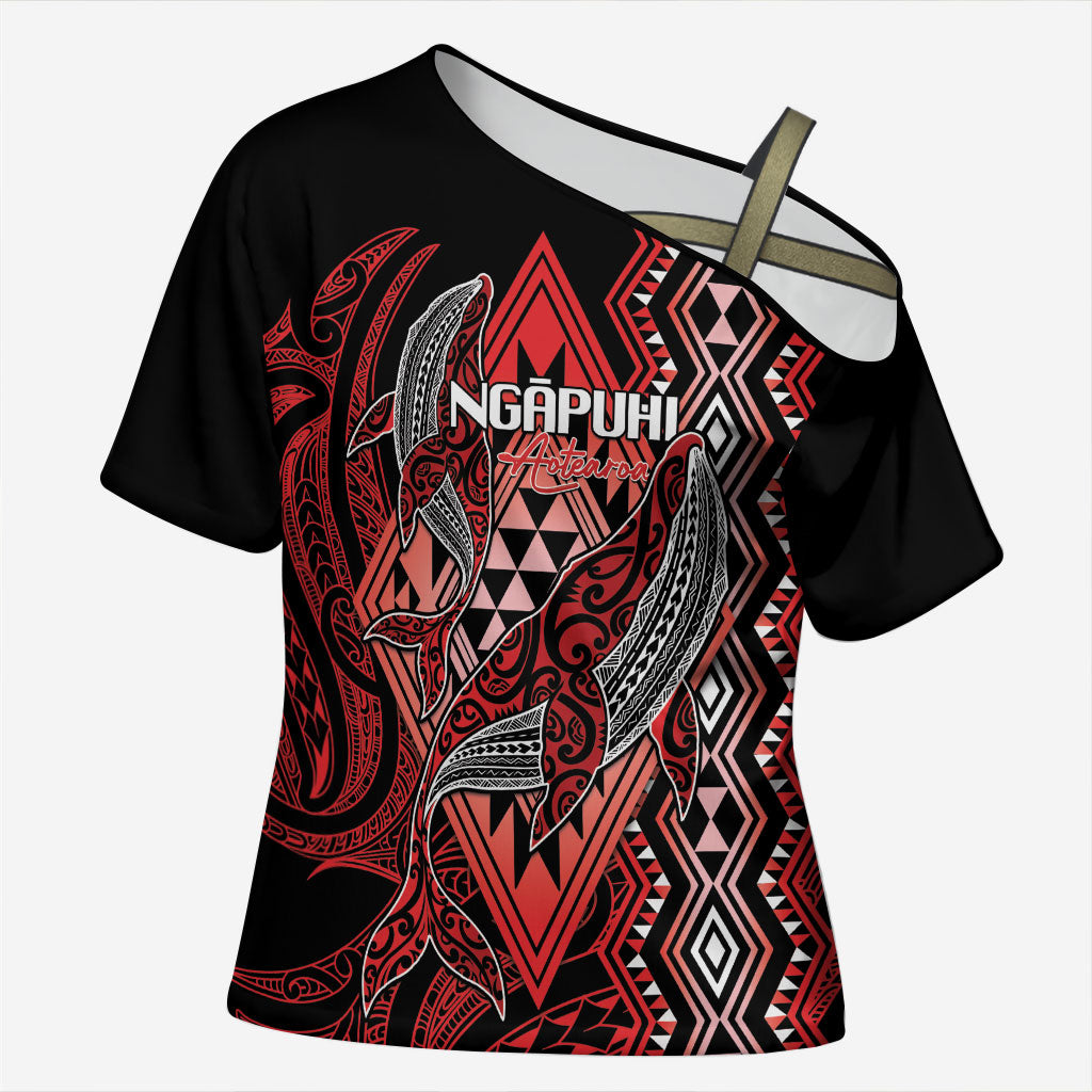 Aotearoa Iwi Ngapuhi Personalised Cross Shoulder Shirt NZ Maori Humpback Whale Taniko Motifs