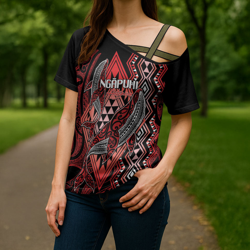 Aotearoa Iwi Ngapuhi Personalised Cross Shoulder Shirt NZ Maori Humpback Whale Taniko Motifs