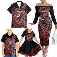 Aotearoa Iwi Ngapuhi Personalised Family Matching Off The Shoulder Long Sleeve Dress and Hawaiian Shirt NZ Maori Humpback Whale Taniko Motifs