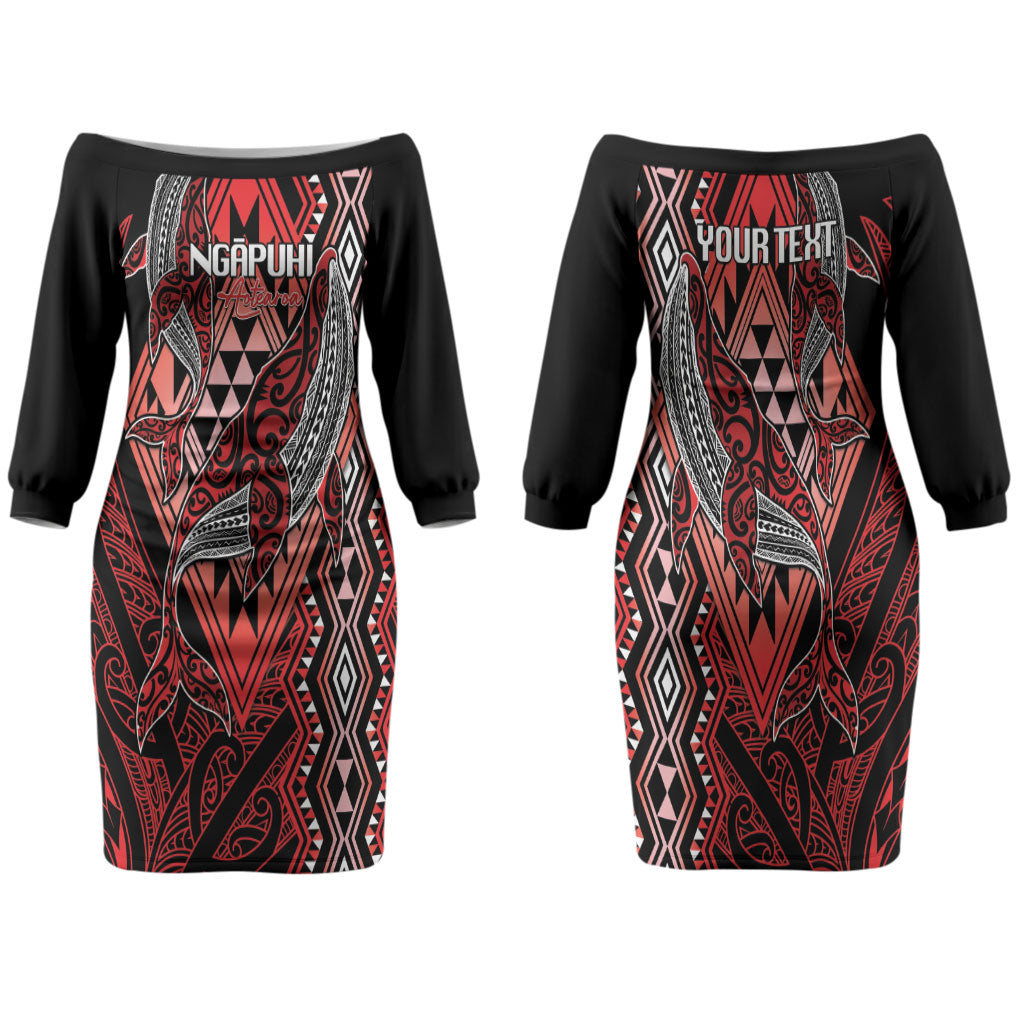 Aotearoa Iwi Ngapuhi Personalised Family Matching Off The Shoulder Long Sleeve Dress and Hawaiian Shirt NZ Maori Humpback Whale Taniko Motifs