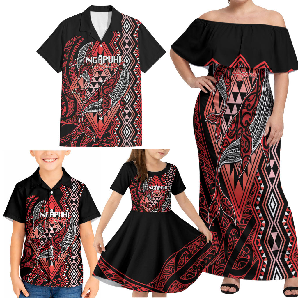 Aotearoa Iwi Ngapuhi Personalised Family Matching Off Shoulder Maxi Dress and Hawaiian Shirt NZ Maori Humpback Whale Taniko Motifs LT14 - Polynesian Pride