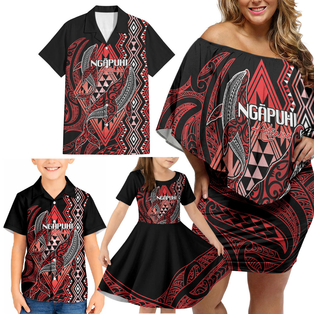 Aotearoa Iwi Ngapuhi Personalised Family Matching Off Shoulder Short Dress and Hawaiian Shirt NZ Maori Humpback Whale Taniko Motifs LT14 - Polynesian Pride