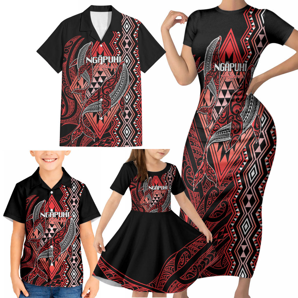 Aotearoa Iwi Ngapuhi Personalised Family Matching Short Sleeve Bodycon Dress and Hawaiian Shirt NZ Maori Humpback Whale Taniko Motifs LT14 - Polynesian Pride