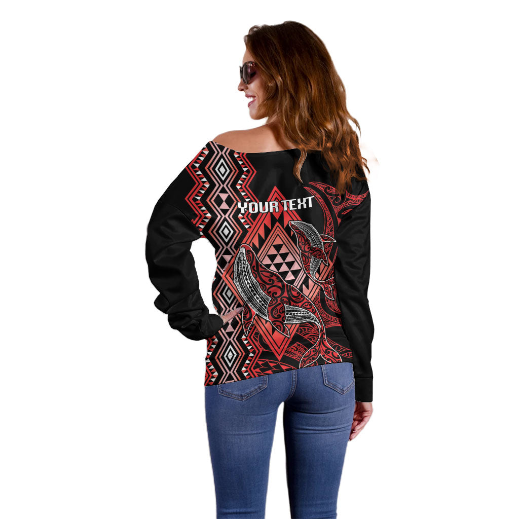 Aotearoa Iwi Ngapuhi Personalised Off Shoulder Sweater NZ Maori Humpback Whale Taniko Motifs
