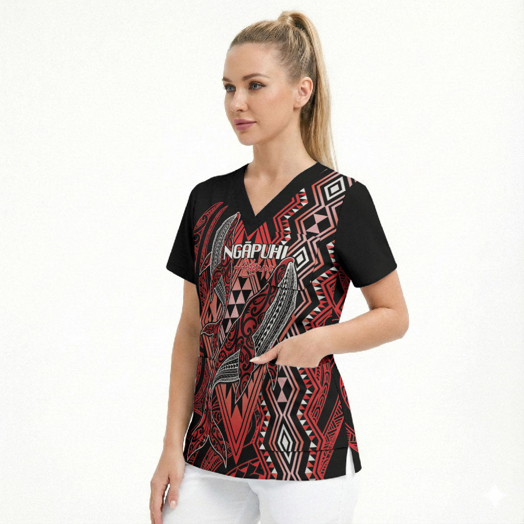 Aotearoa Iwi Ngapuhi Personalised Scrub Top NZ Maori Humpback Whale Taniko Motifs