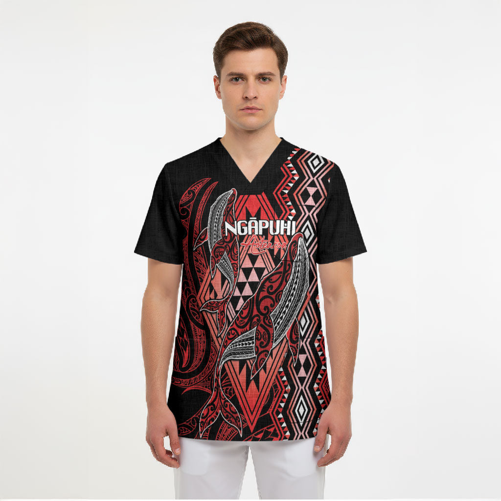 Aotearoa Iwi Ngapuhi Personalised Scrub Top NZ Maori Humpback Whale Taniko Motifs