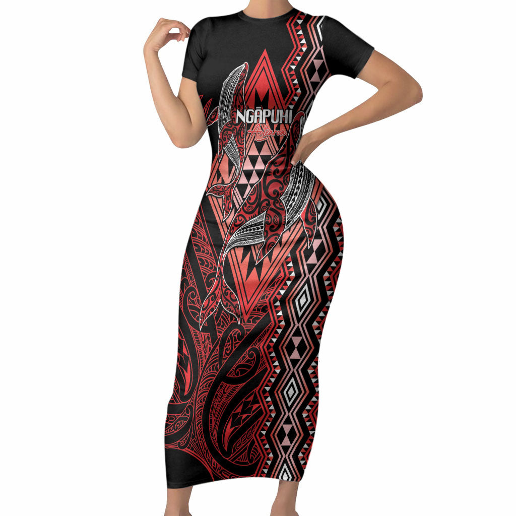 Aotearoa Iwi Ngapuhi Personalised Short Sleeve Bodycon Dress NZ Maori Humpback Whale Taniko Motifs