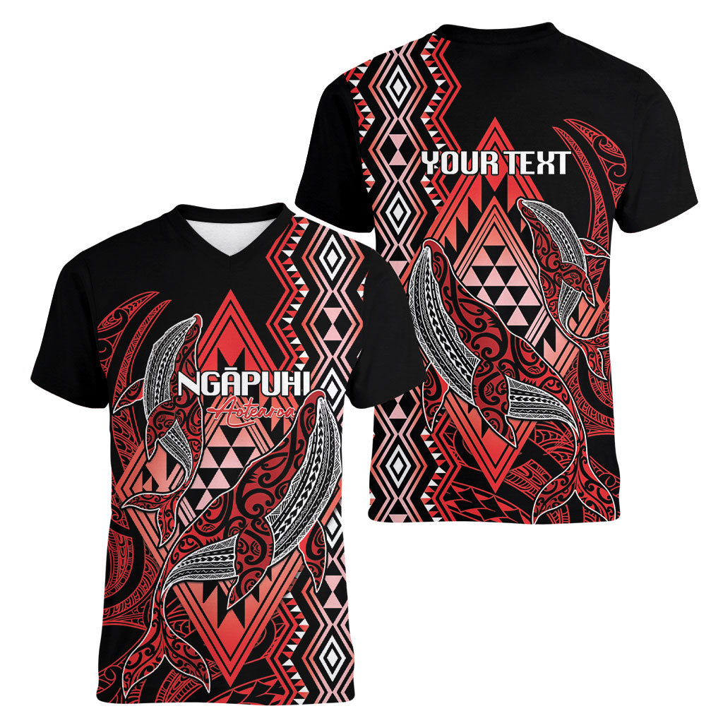 Aotearoa Iwi Ngapuhi Personalised Women V-Neck T-Shirt NZ Maori Humpback Whale Taniko Motifs