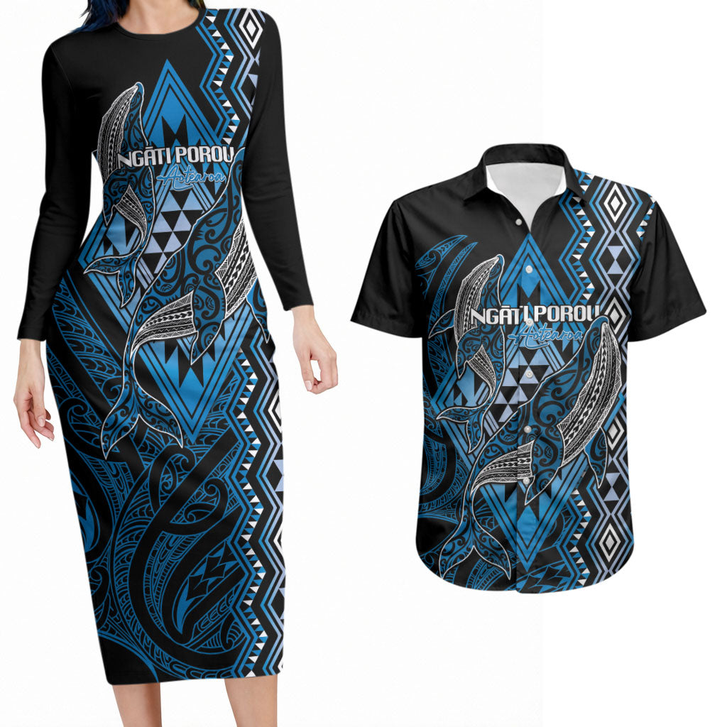 Aotearoa Iwi Ngati Porou Personalised Couples Matching Long Sleeve Bodycon Dress and Hawaiian Shirt NZ Maori Humpback Whale Taniko Motifs LT14 Blue - Polynesian Pride