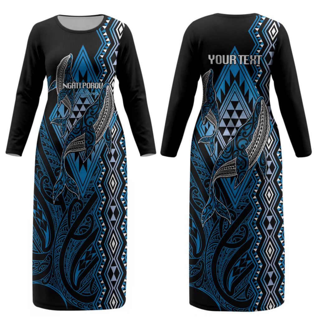 Aotearoa Iwi Ngati Porou Personalised Couples Matching Long Sleeve Bodycon Dress and Hawaiian Shirt NZ Maori Humpback Whale Taniko Motifs