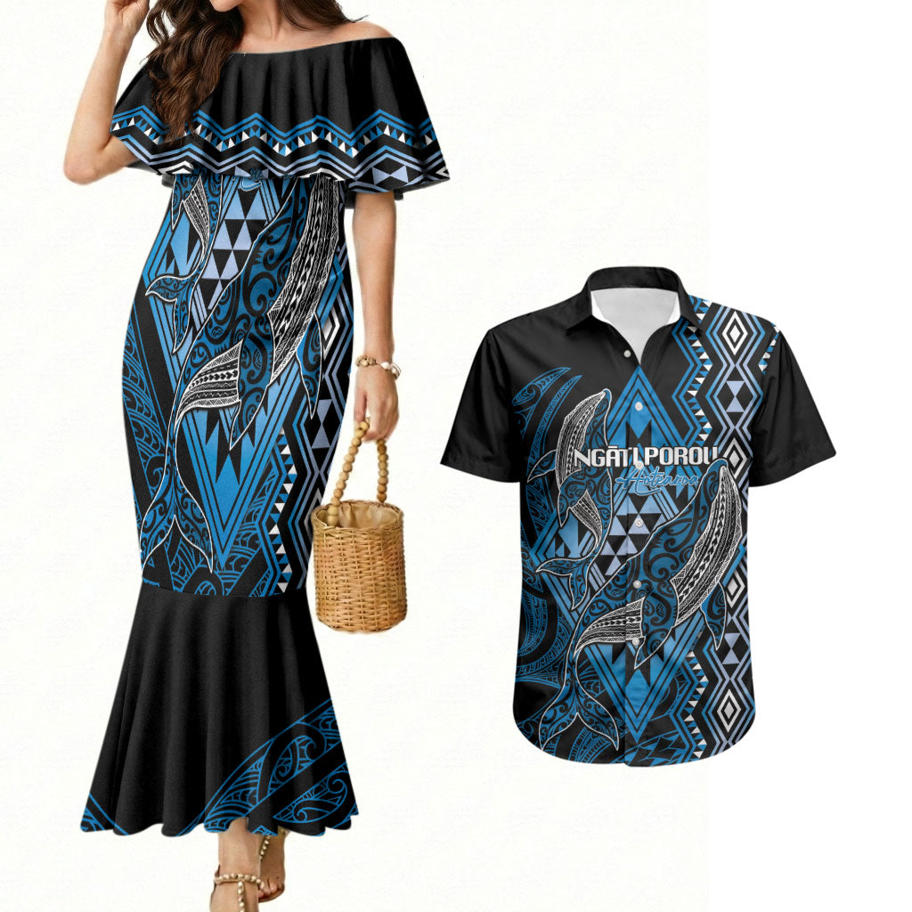 Aotearoa Iwi Ngati Porou Personalised Couples Matching Mermaid Dress and Hawaiian Shirt NZ Maori Humpback Whale Taniko Motifs