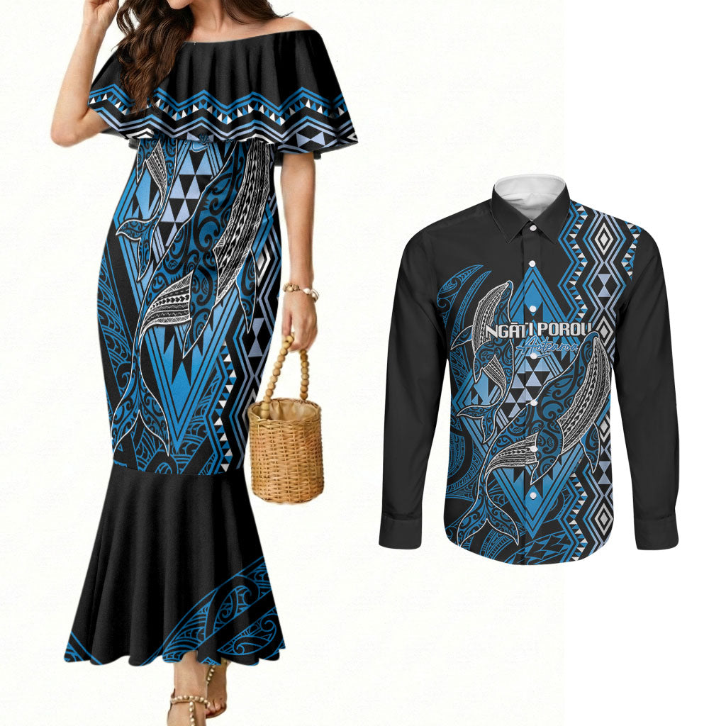 Aotearoa Iwi Ngati Porou Personalised Couples Matching Mermaid Dress and Long Sleeve Button Shirt NZ Maori Humpback Whale Taniko Motifs